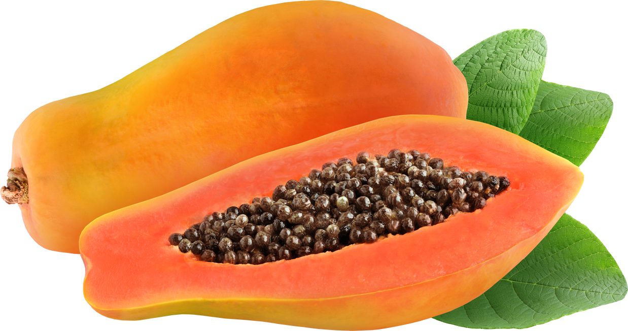 A Whole and Half Papaya with Seeds Cutout